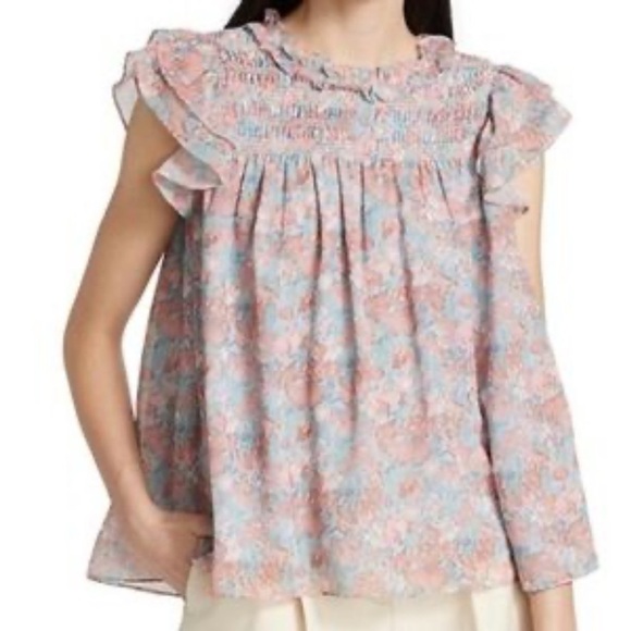 En Saison Adelina Floral Blouse Small Smocked Flutter Sleeves - Picture 2 of 9